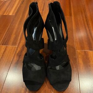 Steve Madden Sandal Heel Immence Black Suede Caged Stiletto Shoes Open Toe Sz 11